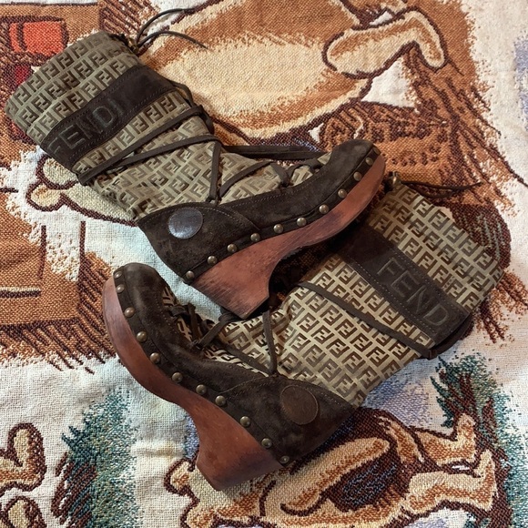 FENDI Logo Wood Platform Fur Lined Brown Winter Boots 37 studded Rare - Picture 14 of 14